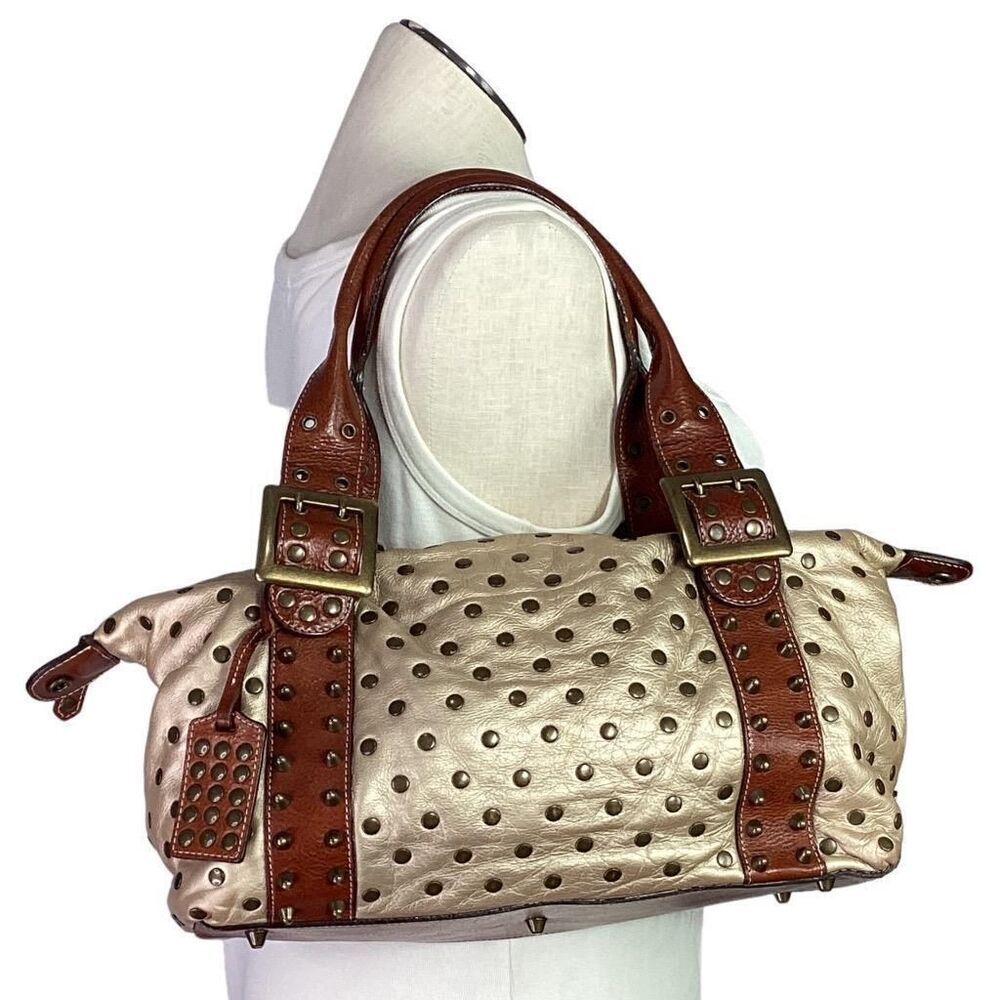 Be & D Metallic Cream and Brown Studded Shoulder Bag